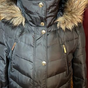 michael kors black coat fur hood